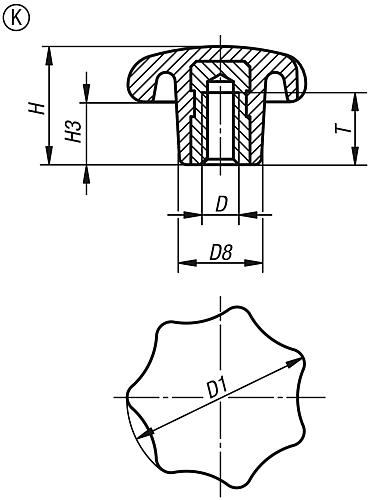 Sterngriffe, Form K mit Innengewinde, Duroplast, Zeichnung