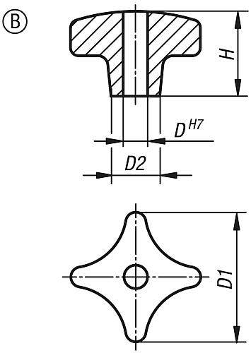 Kreuzgriff DIN 6335, Form B mit Durchgangsbohrung, Zeichnung
