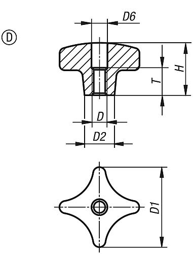Kreuzgriff DIN 6335, Form D mit Durchgangsloch und Gewinde, Zeichnung