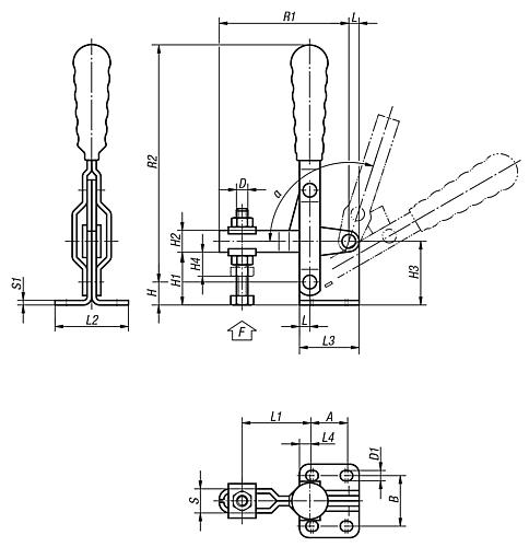 Schnellspanner vertikal mit waagerechtem Fuß, Zeichnung