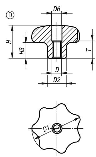 Sterngriffe aus Edelstahl, Form D, DIN 6336, Zeichnung