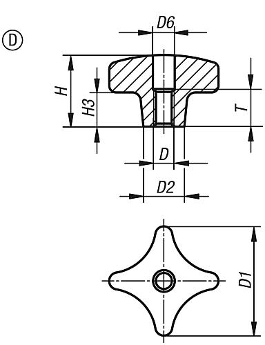 Kreuzgriff DIN 6335, Form D Gewinde aufgebohrt, Grauguss, Zeichnung